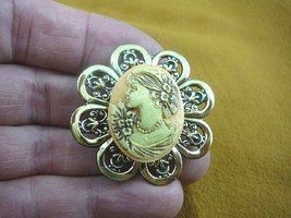 (cs40-39) CAP GIRL orange + ivory CAMEO flower brass Pin Pendant Jewelry brooch - £22.64 GBP