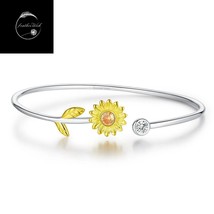 Genuine Sterling Silver 925 Sunflower Charm Cuff Bracelet With Gold Plating &amp; CZ - £17.25 GBP
