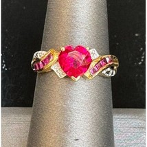 Yellow Gold Ruby And Diamond Heart Ring Size 6.5 Sky - $315.32