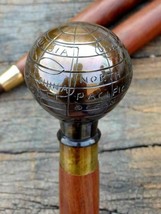 Vintage Antique Brass Globe Round Handle Brown Wooden Walking Stick Cane Style - £32.28 GBP