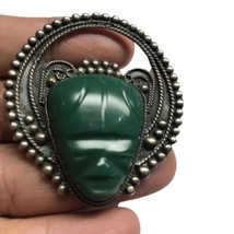 Vintage Sterling Silver &amp; Green Jade  Mayan Mexico Pin 18.5 Grams - £66.86 GBP