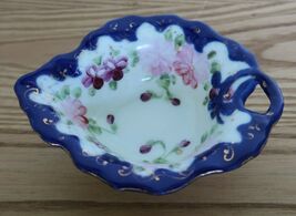 Vintage blue &amp; pink floral leaf shaped trinket dish small bowl - $19.99