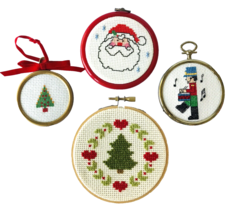 Vintage Cross Stitch Christmas Ornaments Round in Frames Trees Santa Toy Soldier - £23.34 GBP