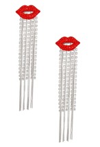 Red Lips Stud Long Rhinestone Tassel Drop Shoulder Duster Silver Fashion Earring - £35.82 GBP