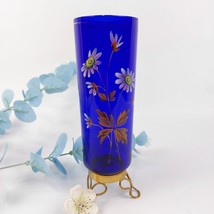 Vtg Art Deco  Cobalt Blue Glass Vase with Hand-Painted Flowers and Brass... - $55.46