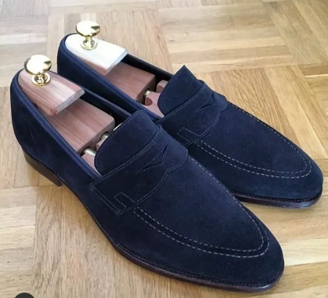 New Navy Blue Suede Formal Moccasins Handmade Business/ Office Dress Shoes - £138.87 GBP