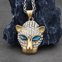 Mens Gold Leopard Head Pendant Necklace Punk Hip Hop Jewelry Stainless Steel 24&quot; - £9.51 GBP