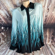 Vtg Bob Mackie Wearable Art Womens Large Blue Black Silk Button Blouse Top Shirt - £22.72 GBP