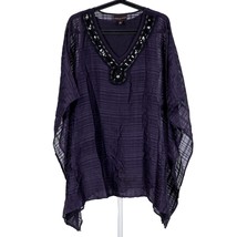 Dana Buchman Tunic Poncho Blouse L Womens VNeck Purple Black Sequins Beads Flowy - £13.65 GBP