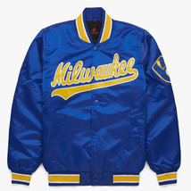 Milwaukee Brewers MLB Letterman Bomber Baseball Varsity Jacket Blue Satin - £107.61 GBP