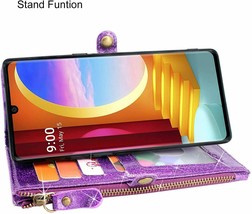 LG Velvet 5G Wallet Case Premium PU Leather Flip Zipper Card Slots Bling Purple - £34.56 GBP