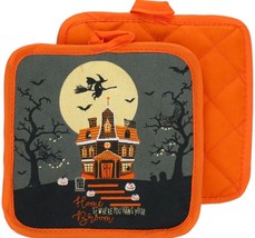 2 Same Potholders(7&quot;x7&quot;) HALLOWEEN,HAUNTED HOME, IS WHERE YOU HANG YOUR ... - £6.11 GBP