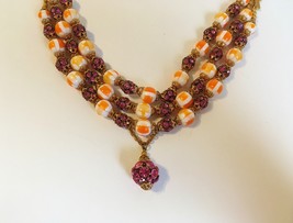 3 Strand Choker Necklace Orange Beaded Pink Purple Rhinestone Pendant Vintage - £59.73 GBP