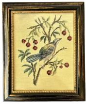 Bird Needlepoint &amp; Petit Point Wall Art Wood Frame Under Glass 18&quot; x 15&quot; Vintage - £49.73 GBP