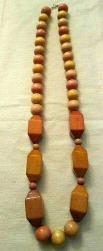 Chunky Wood Bead Necklace Natural Pink Ball & Long Hexagon Shape - Fast Free Shp - $11.68