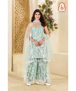&quot;Pastel Green Net Kurta Palazzo Set with Dupatta - Sequence Embroidery Work - $65.00