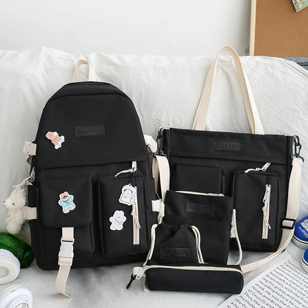 5pcs/set Fashion College Student Ruack Casual Book Bags Multiple Pockets Large C - £62.20 GBP