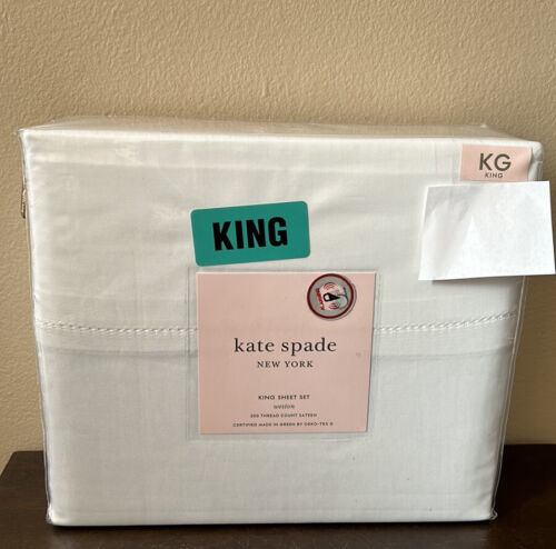 Primary image for NEW! KATE SPADE Cotton 300 TC Sateen WESTON King Size Sheet Set, White 4 Pc SET