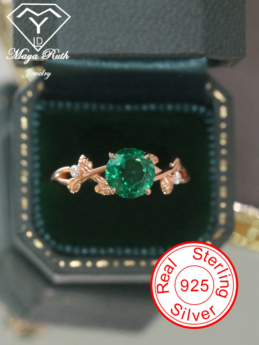Created Emerald Gemstone Ring Real 925 Sterling Silver 18K Rose Gold Plated Part - £59.89 GBP