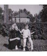 Vintage Child Photo on Tricycle with Mom, MCM Black and White Snapshot - £9.88 GBP
