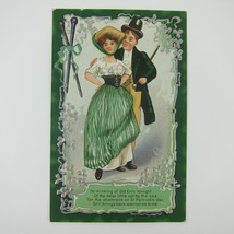 St. Patricks Day Postcard Man Woman Irish Couple Green Silver Embossed Antique - £7.92 GBP