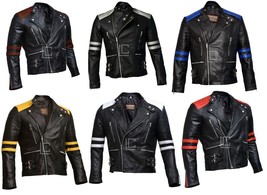 Brando Classic Biker Vintage Retro Motorcycle Real Leather Stripe Jacket - $106.58+
