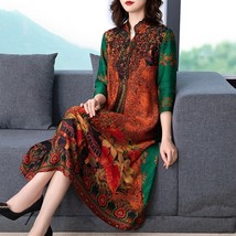 2023 Boho Vintage Print  Silk Midi Dresses Summer Loose Casual Dress Elegant Wom - £96.54 GBP