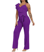 Women&#39;s Purple Asymmetrical Ruffle Shoulder Sleeveless Belted Romper Jum... - $47.39 CAD