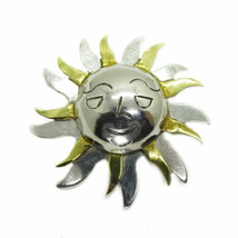 Vintage Taxco 2-Tone Sterling/Brass Smiling Sun Pin Brooch, Signed - £51.95 GBP
