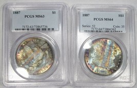 Pair 1887-P Silver Morgan Dollars Book Ends Toning End of Roll PCGS SAM92 - £1,851.63 GBP