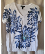 Women&#39;s International Concepts T-Shirt Size XL White Flowers Blue Short ... - $20.92 CAD