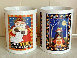 Lot 2 Mary Engelbreit Coffee Mug Cup ME Are You On The List Candy Corn Vampire  - £11.76 GBP