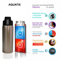 Aquatix Glittering Gold Insulated FlipTop Sport Bottle 21oz Pure Stainless Steel - £15.41 GBP