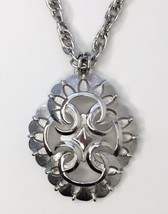 Crown Trifari Modernist Necklace Brushed Silver Tone Pendant 24&quot; Chunky Chain - £25.95 GBP
