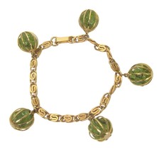 Vintage Gold Plated Cage Ball Bracelet Green Peridot Stone Charm Sigrid Hawaii - £23.81 GBP