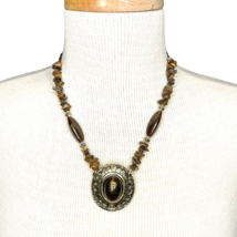 Gold Tone Tigers Eye Pendant Necklace Faux Tortoise Beaded 18” Inch Amber Brown - £11.48 GBP