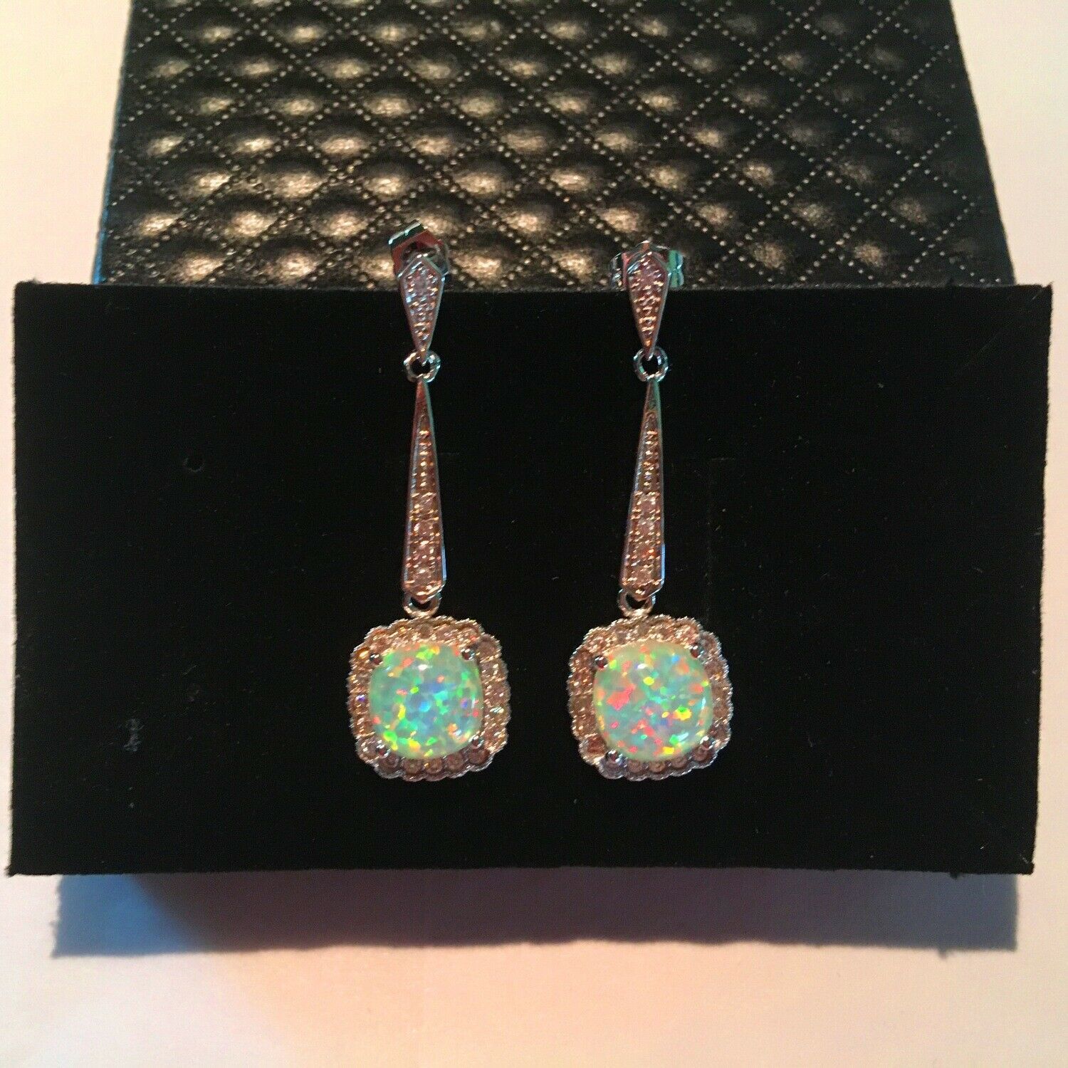 Created Opal Diamond Alternatives Dangle Earrings 14k White Gold over 925 SS - $48.99