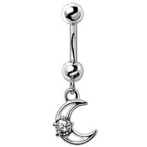316L Stainless Steel Moon and Star Dangle Navel Ring - £11.94 GBP