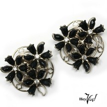 Vintage Black Flower Plastic Clip On Earrings - Wire Twirl Base - 1.5&quot; -... - £15.62 GBP