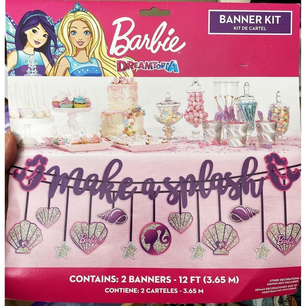 Barbie Deluxe Glitter Make A Splash Banner Party Supplies 2 Pieces 12 feet New - $7.95