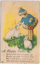 Holiday Postcard Easter Happy Girls With Basket Feeding Rabbits Bunnies - £2.27 GBP