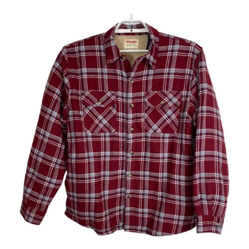 Primary image for Wrangler Men Shirt Large Button Down Shacket Red Plaid Sherpa Lined Cottage Core