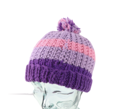 Vintage 90s Streetwear Hand Knit Crochet Pom Beanie Hat Cap Multicolor Striped  - £15.78 GBP