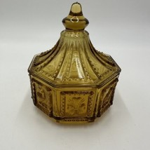 Imperial Glass Candy Dish With Cover Octagonal Amber Birds Nature Vintage - $22.50