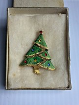 Vintage Brooch Pin 2” Christmas Tree Colorful Crystal Rhinestones , Gold Tone - £10.77 GBP