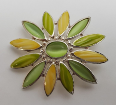 Vintage Liz Claiborne Enamel Flower Brooch Pin Green Yellow Silver Tone 2 1/8&quot; - £27.21 GBP