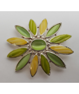 Vintage Liz Claiborne Enamel Flower Brooch Pin Green Yellow Silver Tone ... - $34.60