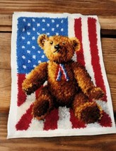 Large Vintage Completed Latch Hook Patriotic Teddy Bear Flag Wall Decor ... - $20.89