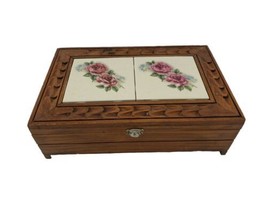 Vintage Wood Jewelry Trinket Box Art Ceramic Tile Lid Pink Roses Flowers... - $18.76