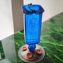 Woodstream Cobalt Blue Glass Bird Feeder Vintage Hanging Metal Base Floral - $89.99